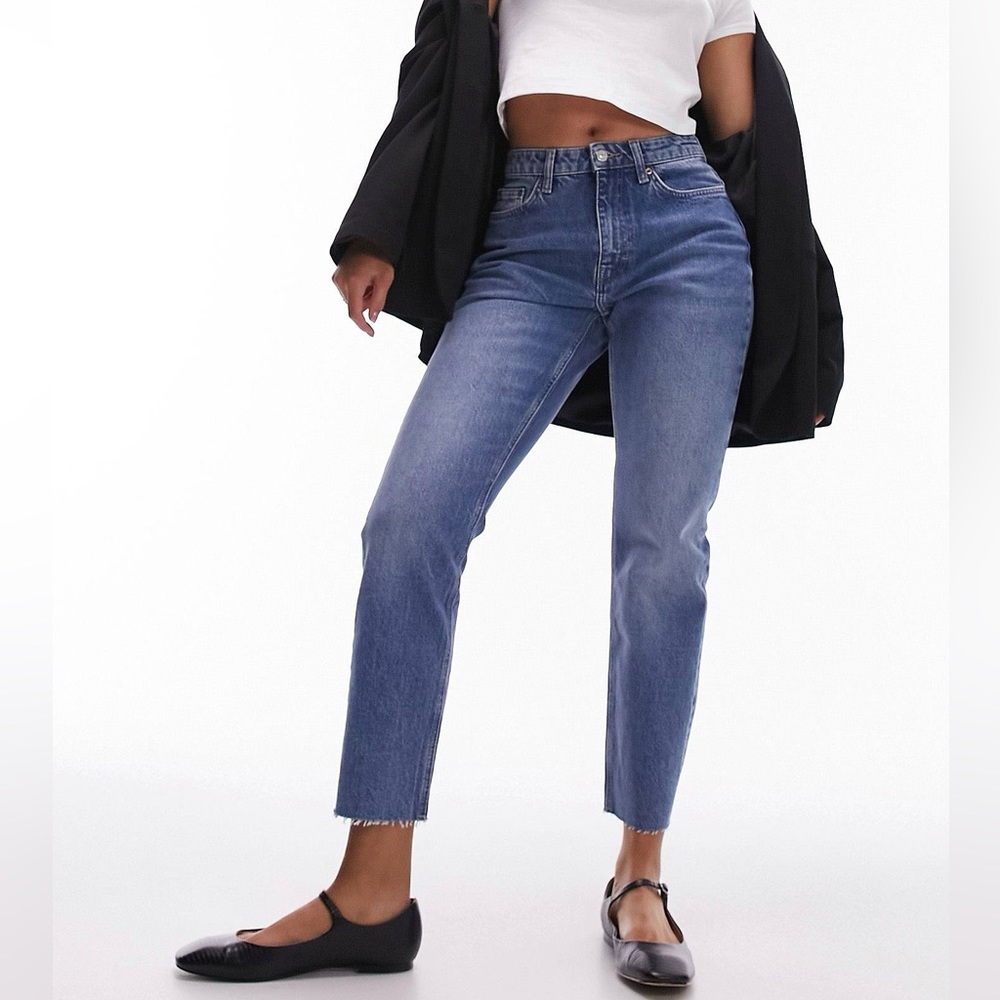 Topshop High Waist Straight Leg Medium Wash Jeans